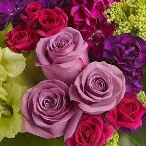 A lovely bouquet of red and pink roses with purple carnations